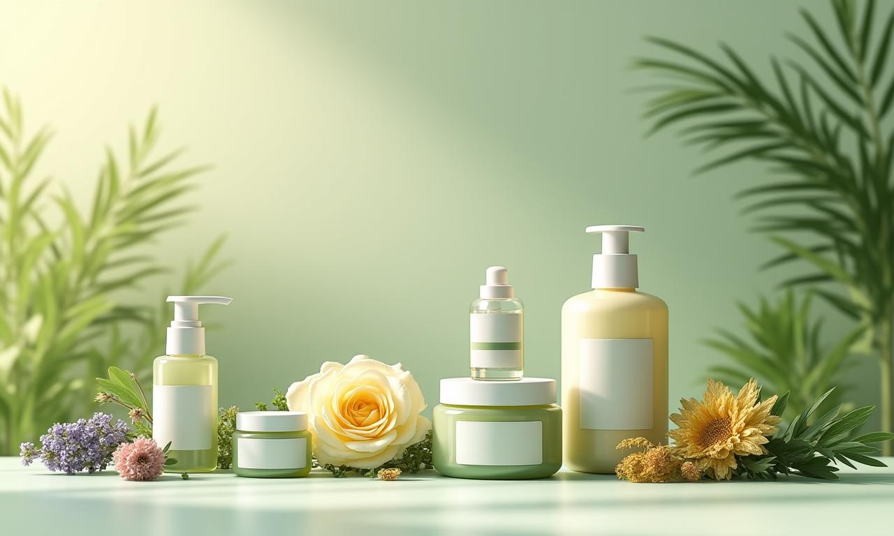 Handgemachte Kosmetikprodukte elegant arrangiert mit frischen Blumen und Kräutern